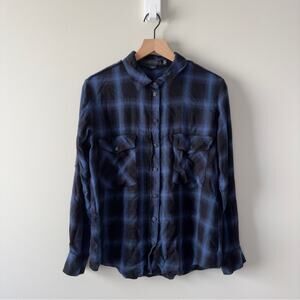 Anthropologie Sanctuary Plaid button down shirt blue black long sleeve collared